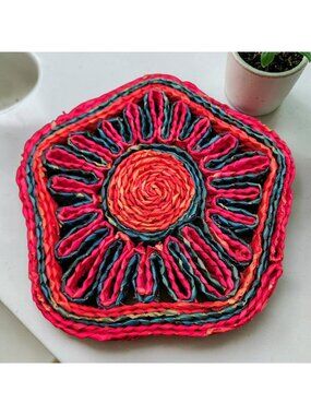 Handwoven Bohemian Style Rafia Hot Pad Pink & Teal Floral Design 6 3/4" x 6 3/4"